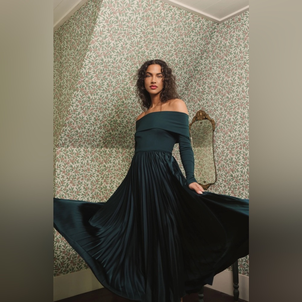 Hutch Off-The-Shoulder Long Sleeve Pleated Maxi Dress in Deep Teal